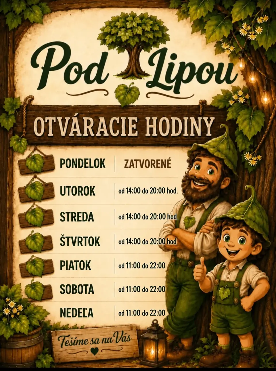 Plagát s otváracími hodinami: pondelok zatvorené, utorok až štvrtok 14:00–20:00, piatok až nedeľa 11:00–22:00